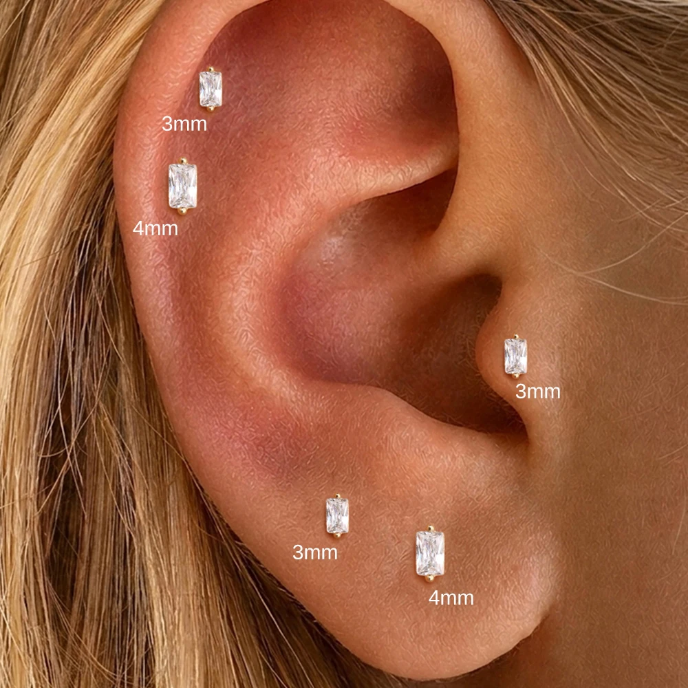 AIDE 14K Solid Gold 3mm/4mm Sparkling Rectangular Zirconia For Women 18G Cartilage Helix Flat Back Piercing Earrings