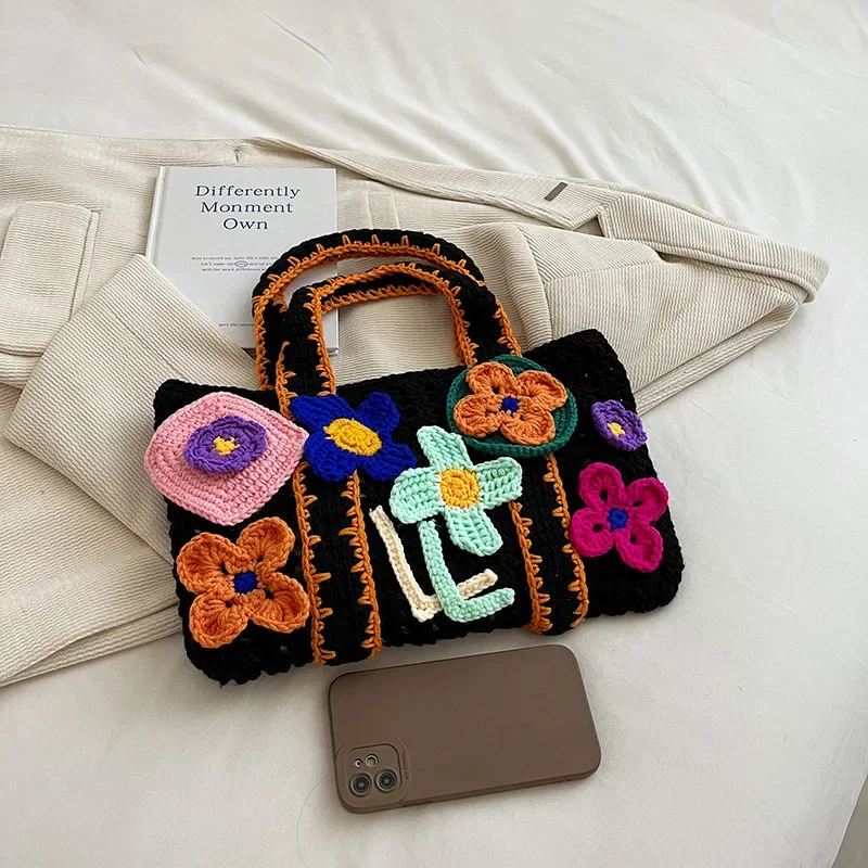 Handmade Crochet Shoulder Bag Flower Appliques Tote Knitting Wool Women Handbag Hollow Woven Bags for Women Cute Shopper Purses