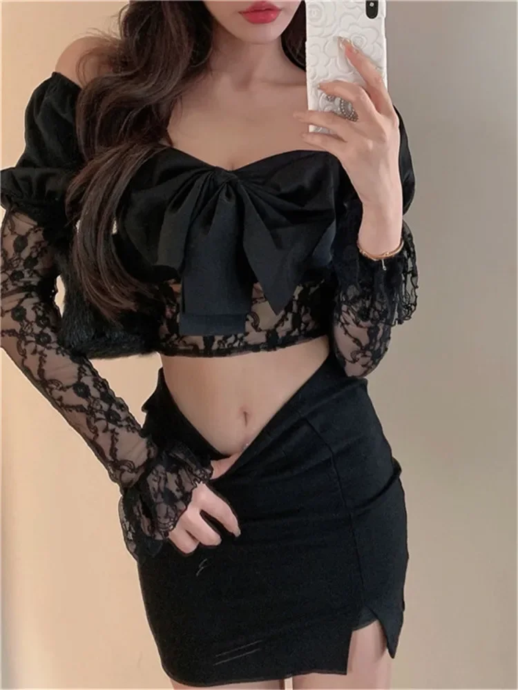 Slash Neck Sexy Black Lace Shirt for Women Summer Big Bow Long Sleeve Strapless transparent Tops Off Shoulder Sheer Short Blouse