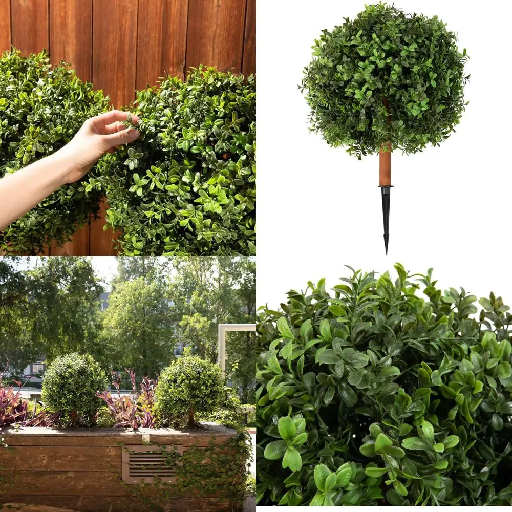 

Pair of 14 Artificial Boxwood Topiaries with Ground Spikes - UV-Protected, Weatherproof Indoor/Outdoor Decor