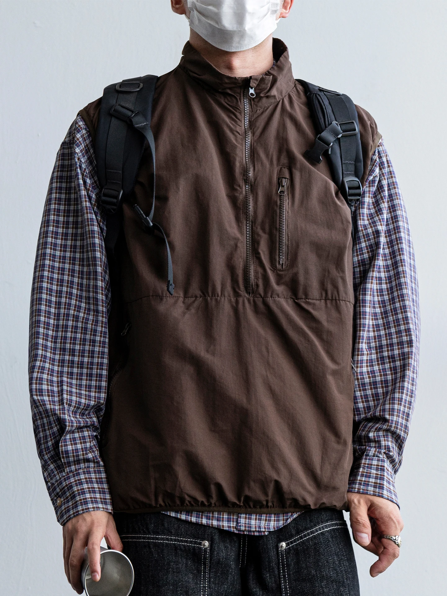 

Ретро-японский свободный жилет на молнии с капюшоном для мужчин, для активного отдыха, повседневный, для многослойной носки, рабочая одежда, жилет-куртка с подплечниками