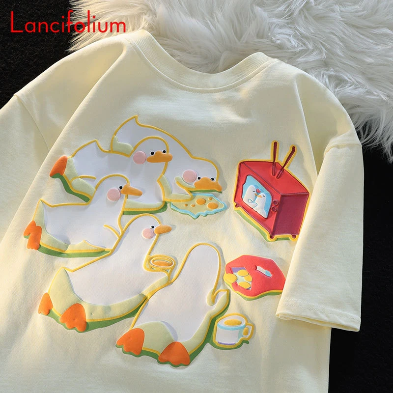 Kawaii Vintage Cartoon Darks Cotton Tees Summer Women White 3D Graphic Short Sleeve Oneck Tshirts Preppy Loose T Shirt Top 2024