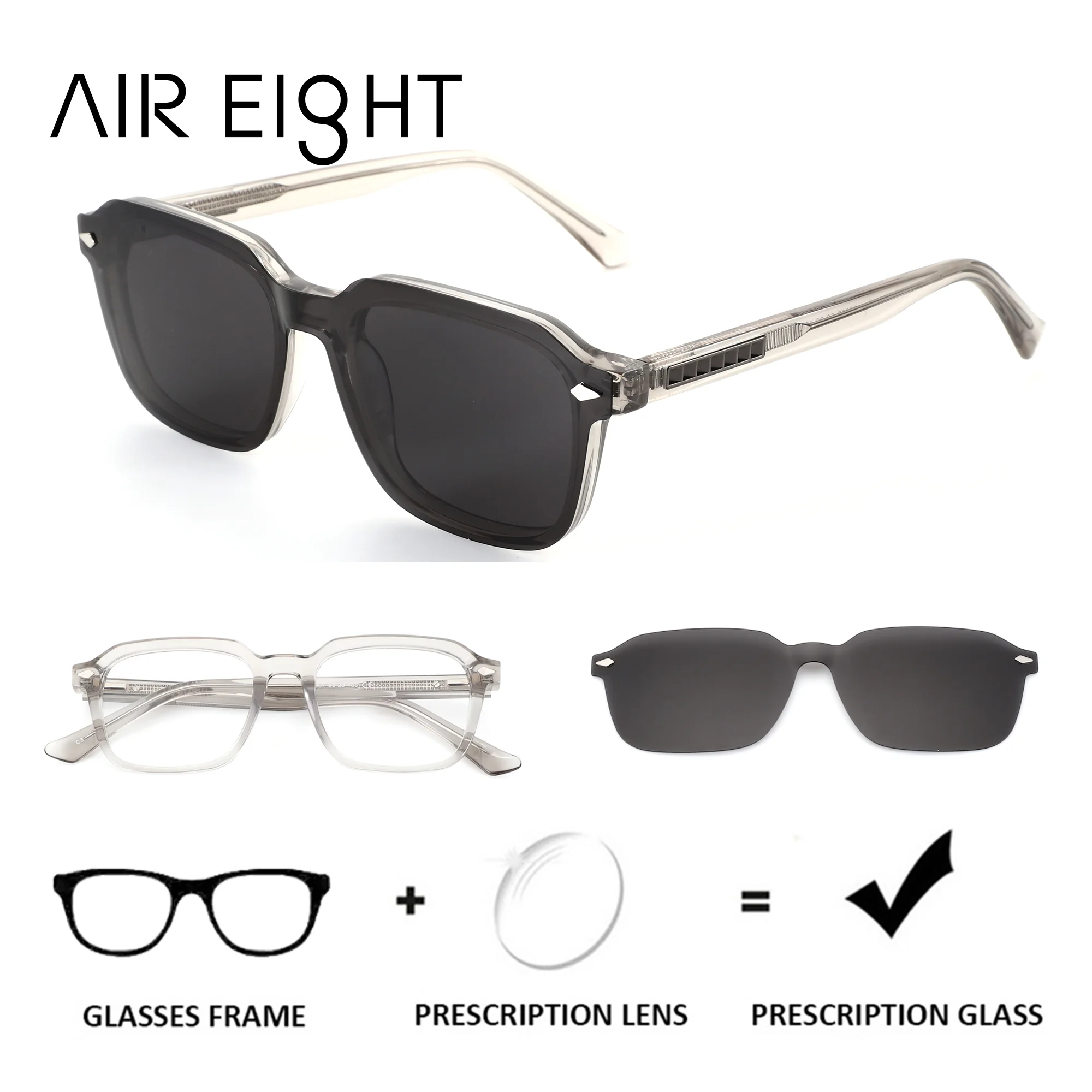 AIREIGHT Modish Rectangle Acetate Clip on Prescription Glasses For Men Magnetic Medical Progressive Multifocal Optical Eyewear