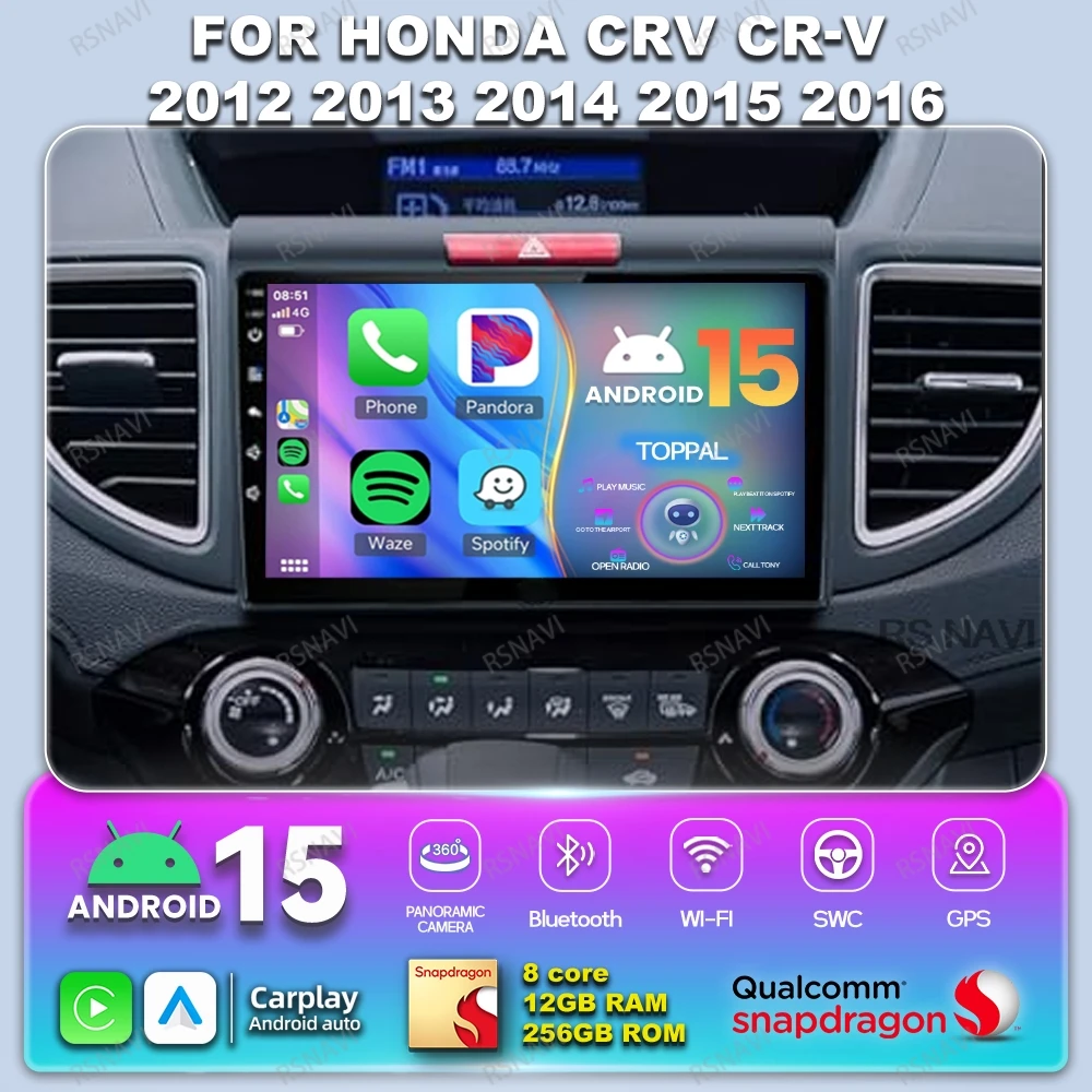 Rádio do carro android 15 para honda crv CR-V 2012 -2014 2015 2016 sistemas estéreo sem fio qualcomm navegação bt snapdragon auto dvd