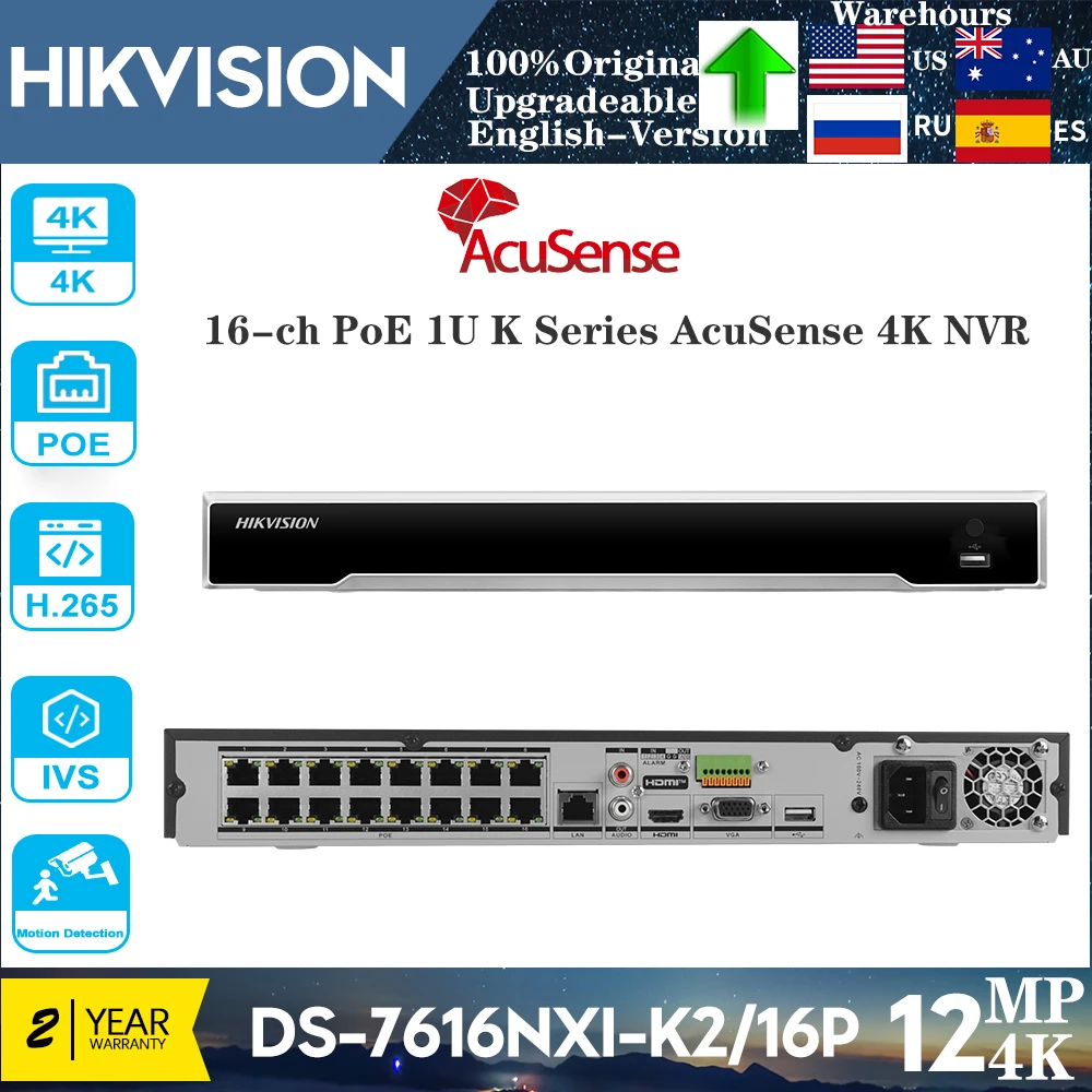 Hikvision 4K 12MP 16CH 16PoE AcuSense NVR DS-7616NXI-K2/16P Facial Recognition Perimeter Protection Network Video Recorder