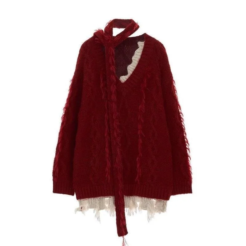 Sciarpa al collo allentata stile coreano Top twist con spalline per donna Autunno Inverno Nuovo stile maglione lavorato a maglia in stile straniero per abbigliamento esterno