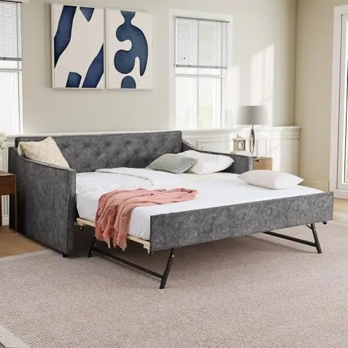 Daybed with Pop up Trundle, Fabric Upholstered Twin Size Day Bed Pull-Point Sofa Daybed Frame w/Twin Roll-Out