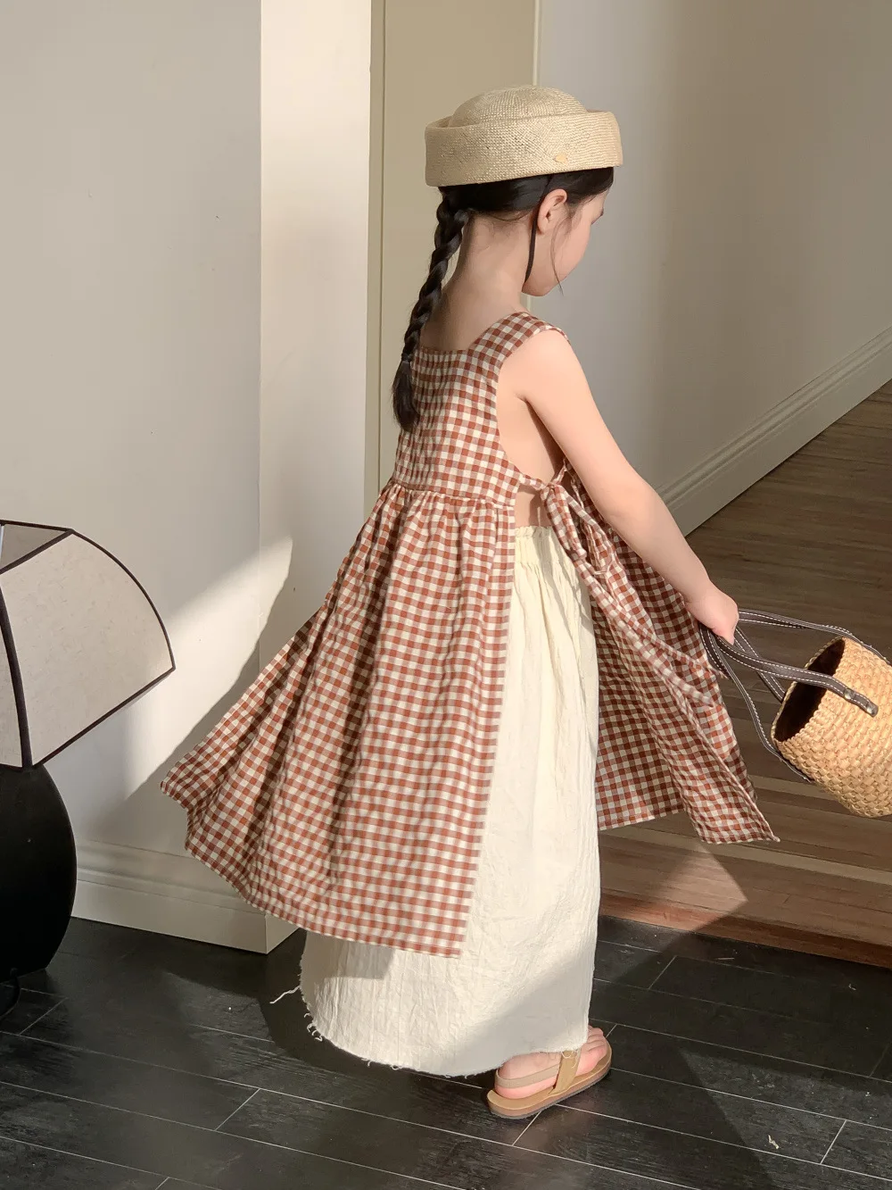 2024 Summer New Baby Girls Plaid Vest Dress Children Sleeveless Casual Lace Up Skirt Kids Floral Strap Dress Toddler Clothes