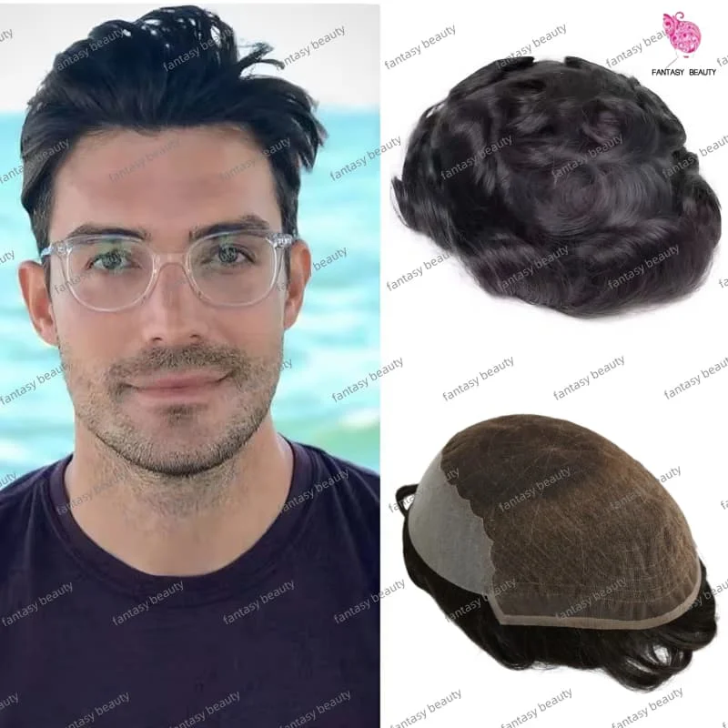 

Прочный мужской парик Q6 с двойным узлом, дышащее швейцарское кружево с пу вокруг черного цвета # 1B 1B10 1B65 1B80 Мужской парик Парик из человеческих волос