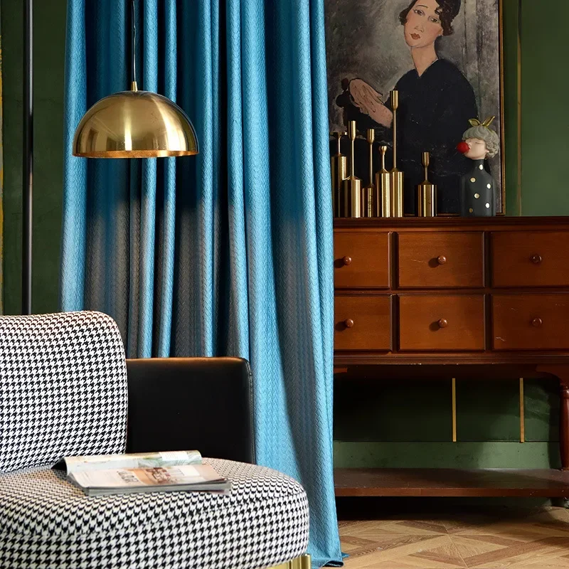 Velvet Texture Vintage Darkening Curtains for Living Dining Room Bedroom Velvet Scandinavian Caramel Color Ink Green American