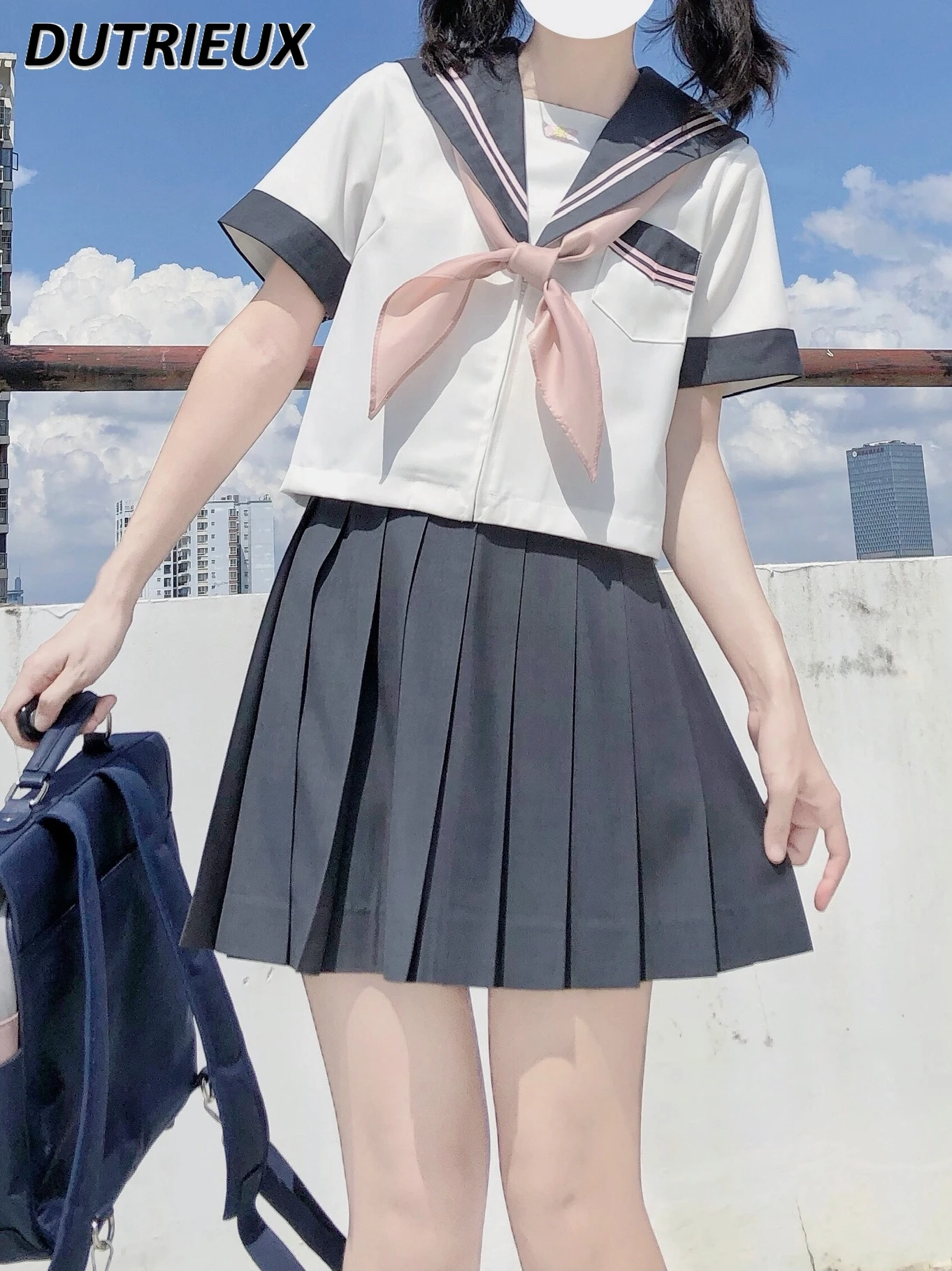 Japanese College Style JK Uniform Summer Short Sleeve Sailor Suit Shirt and Short Pleated Skirt Sweet Girl Gray Pink Outfits