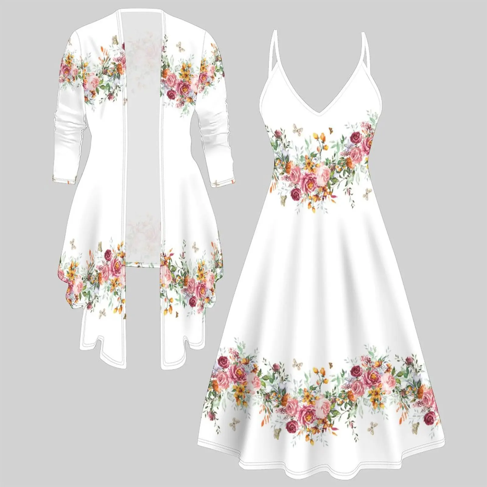 Vintage Print Two Piece Matching Set Ladies Sleeveless Midi Slip Dress 3/4 Sleeve Open-front Cardigan Daily Wear Outfit