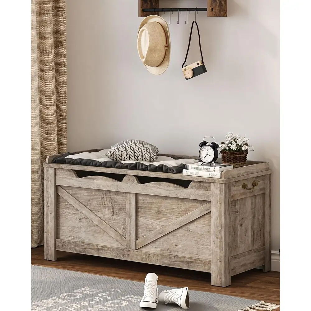 Cómoda de almacenamiento de madera con tapa elevable con bisagras, organizador de caja de banco para dormitorio/sala de estar gris SB04505X