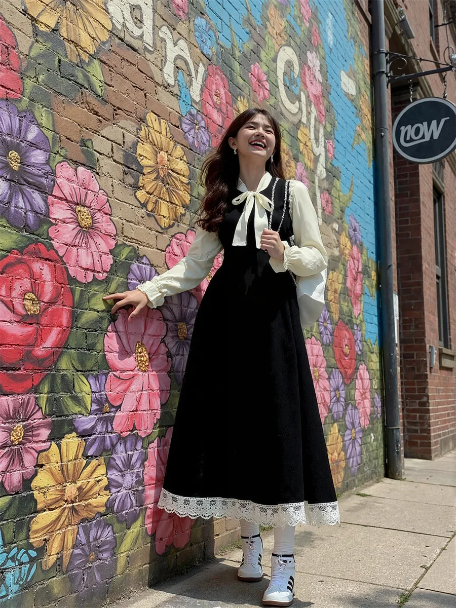 Vestido preto feminino manga longa ajuste regular estilo preppy outono primavera festa meados de bezerro floral boêmio em camadas painéis