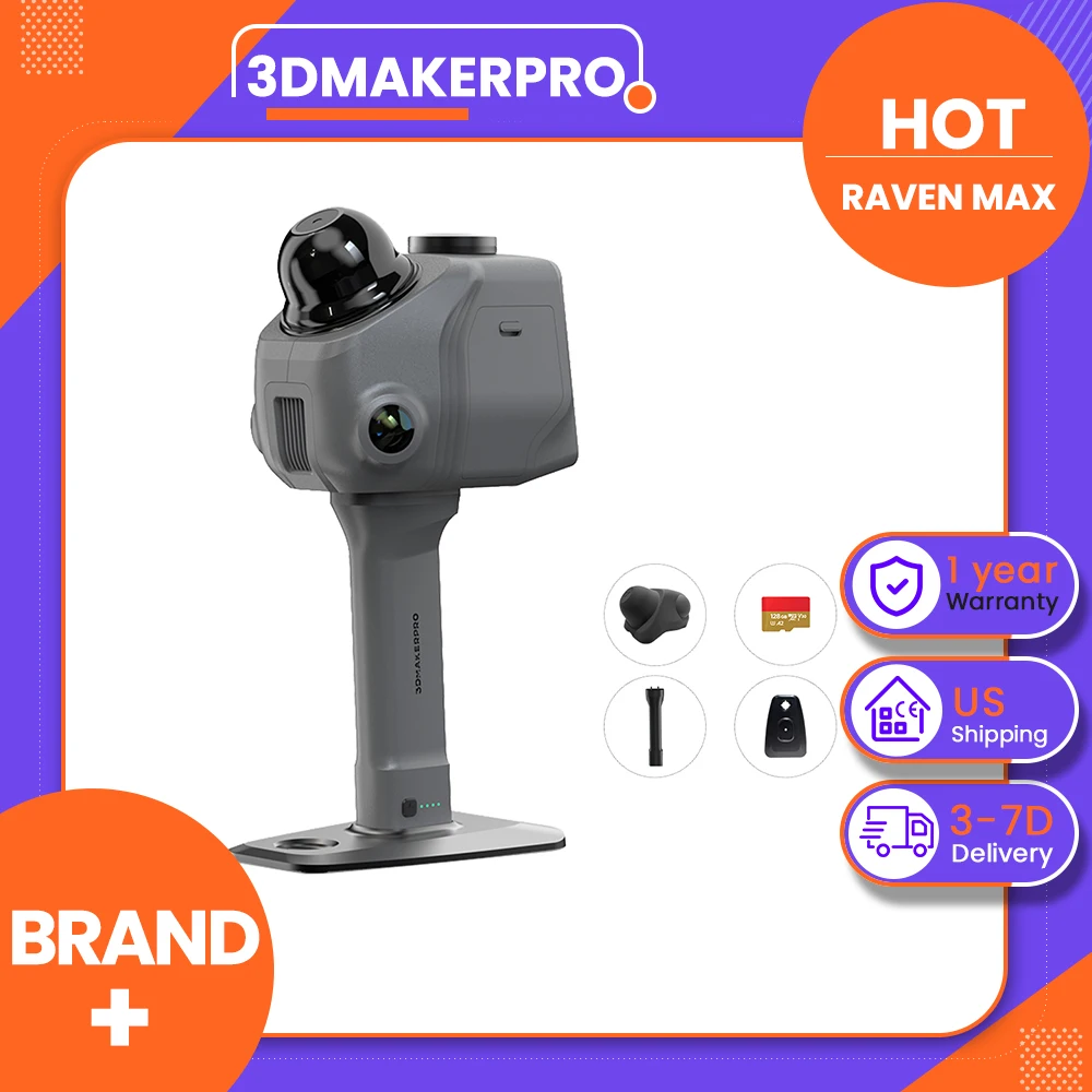 3DMakerpro Raven Max LiDAR Scanner, Dual 12MP Cameras, 100m Scan Range, Enhanced RGB Point Clouds, 150,000 Points/s, 360°×40° FOV, 4K True-Color Capture, 32GB Storage, 12000mAh Battery, Wi-Fi 5