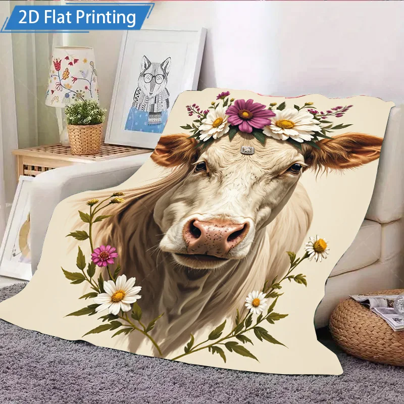 1pc cobertor de flanela floral com estampa de vaca – design plano 2D aconchegante para decoração de casa