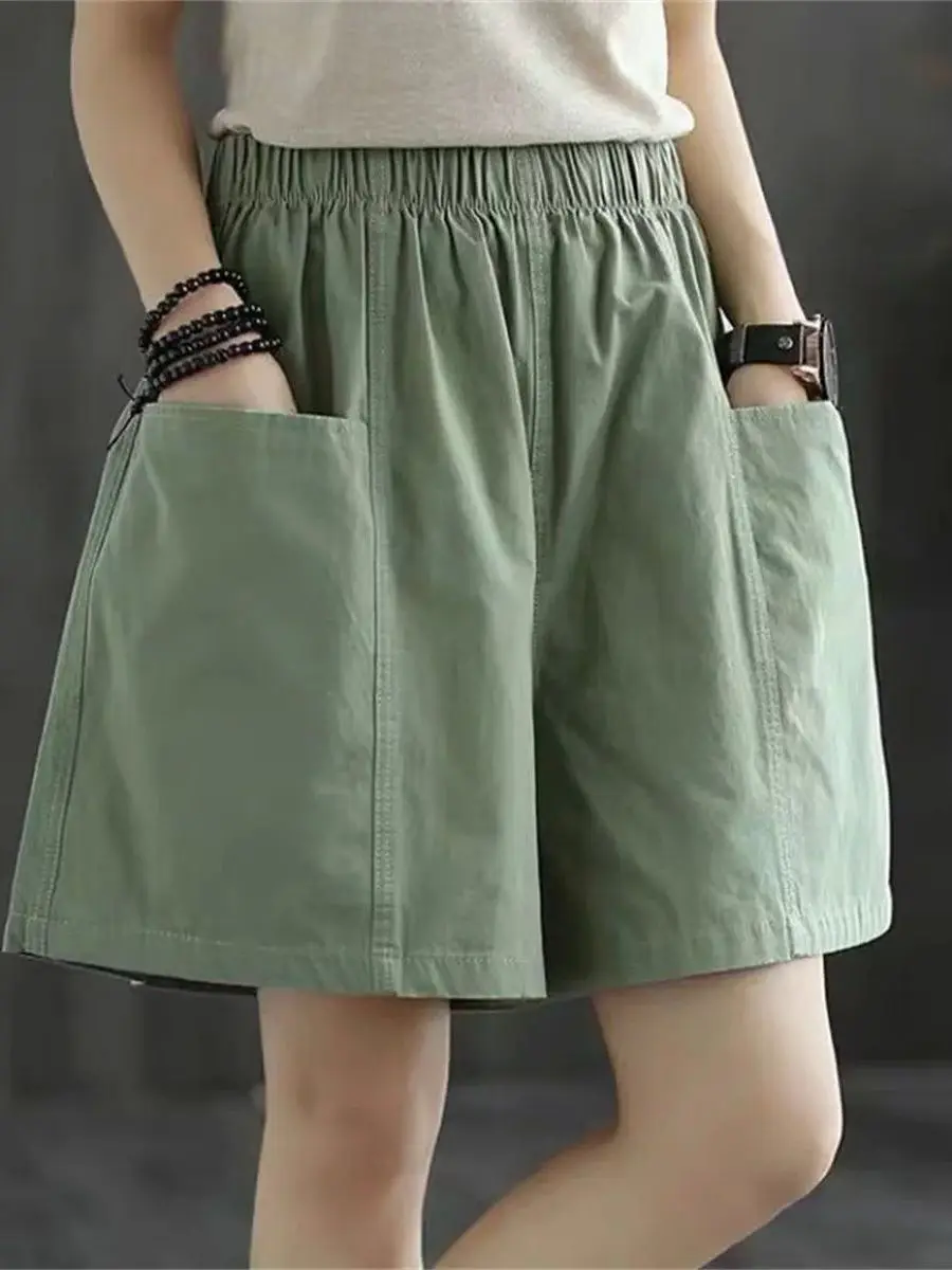 High Waist Loose Casual Shorts Pure Color Wide Leg Pants Straight Tube Polyester Fiber No Ironing Needed Ladies Shorts