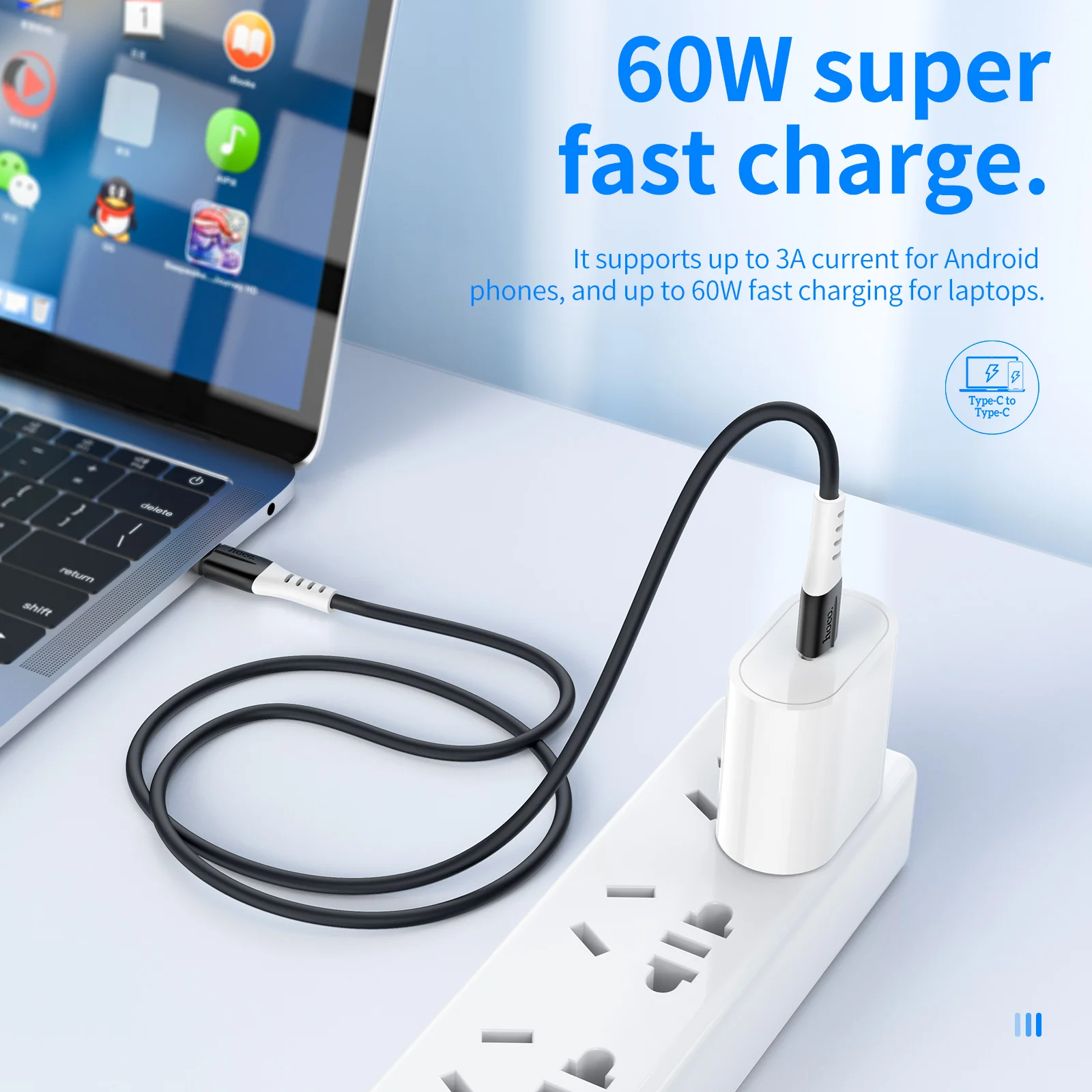 Hoco Type C to Type C PD60W Liquid Silicone Phone Fast Charging Cable For Samsung S22 S21 3A Data Wire Code For Macbook iPad Air