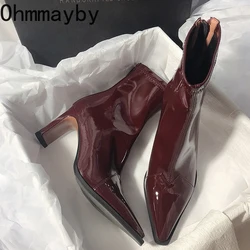 Wysokie obcasy damskie krótkie buty modne zamki buty w stylu Retro jesienno-zimowa szpiczasty nosek damskie buty na imprezę bal