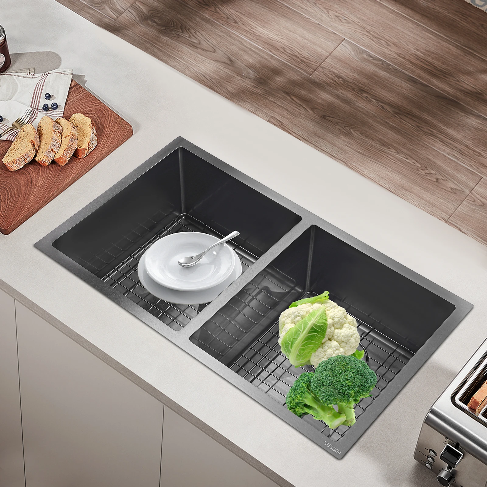 

Double Bowl Kitchen Sink 31*18*9in Stainless Steel Washing Basin Black Rectangular Sink for Home Restaurant Food Truck Hotel Use