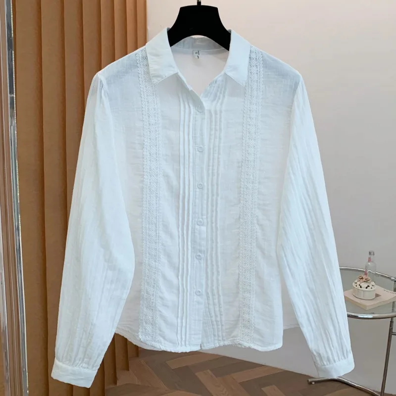 

Women's White Cotton Lace Trim Pleated Front Long Sleeve Button Down Blouse