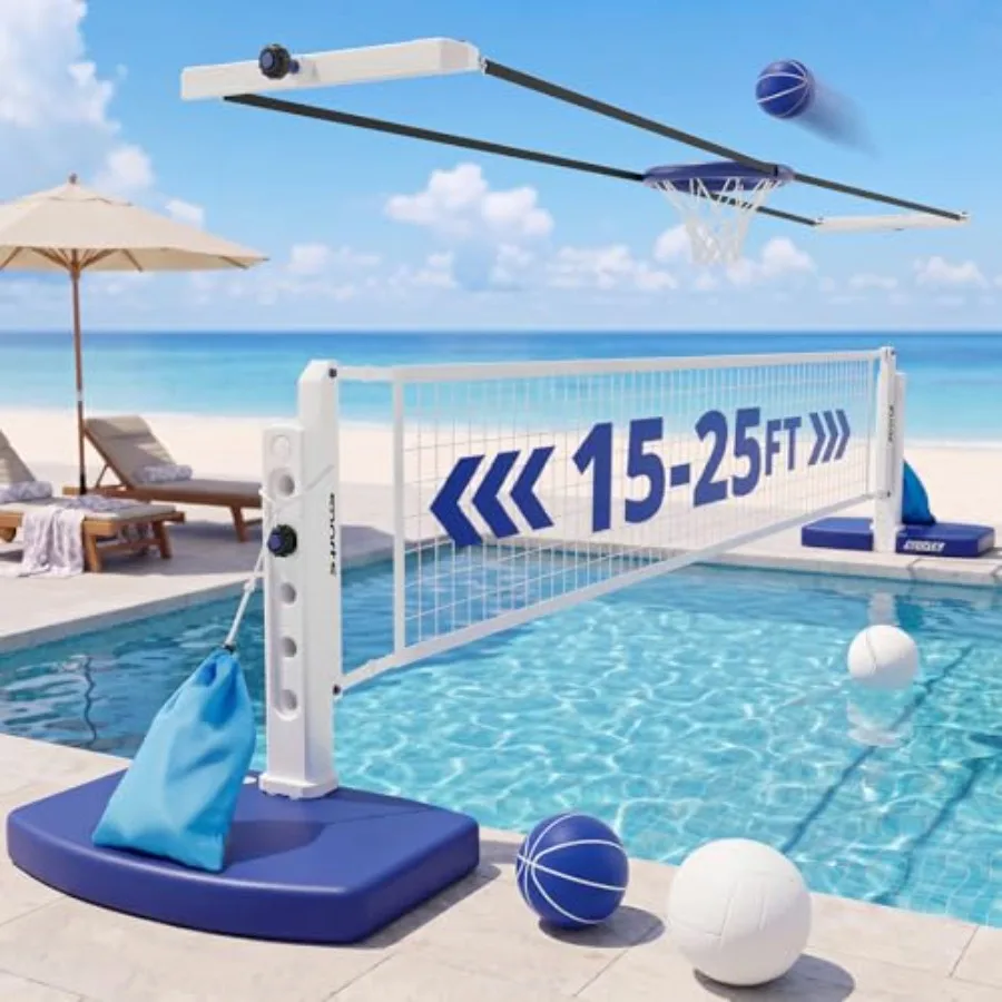 

Poolside 2-in-1 volleyball net basketball hoop set, adjustable PVC-coated steel frame, blue/white, rust-resistant, easy-setup f