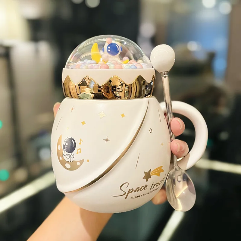 Astronauta Série Caneca Cerâmica com Tampa SpoonCute Business Gift Box, Copo De Chá De Café Criativo, Presentes De Meninas De Aniversário De Feriado