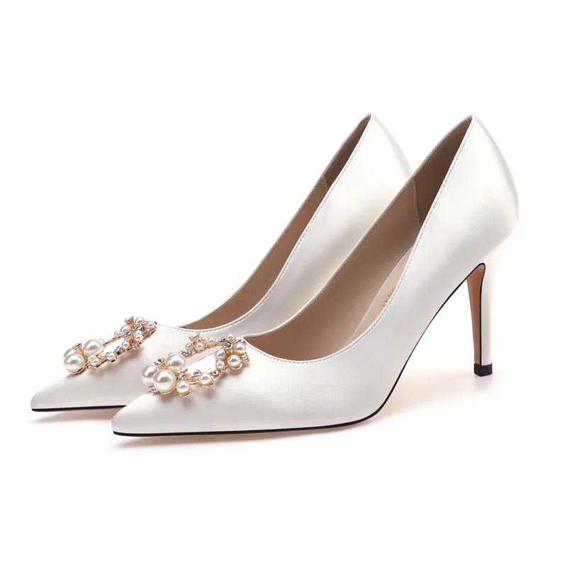 

French Wedding Shoes Satin Bridal Heels White High Heels Pointed Toe Elegant