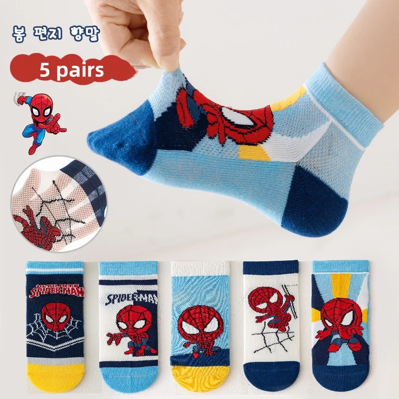 5 Pairs Children Socks Spiderman Anime Kids Boys Short Sock Cartoon Baby Summer Spring Breathable Casual Soft Mesh Socks 1-12Y