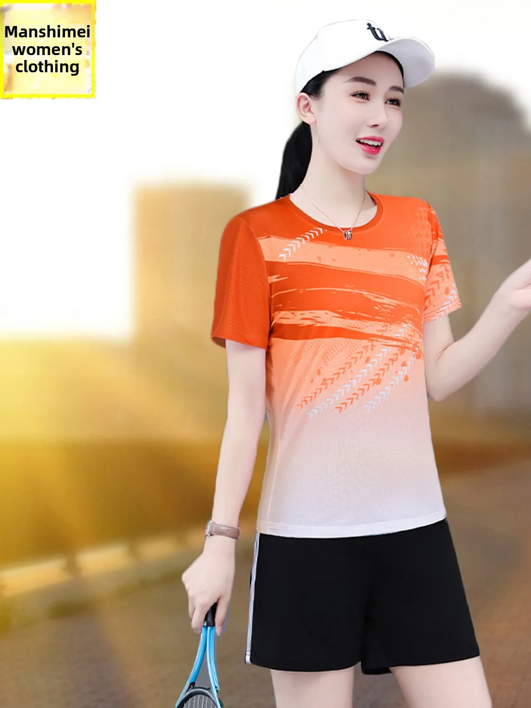 طقم رياضي جاف من الحرير الجليدي للنساء 2025 صيفي جديد ort Sve orts بدلة جري عصرية طقم مكون من قطعتين للتنس