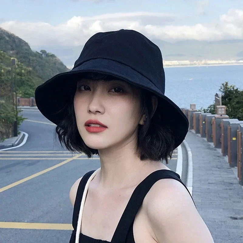 Solid Color Fishermen Hat for Women Sun Protection Bucket Hats Outdoor Wide Brim Basin Cap Basic Cotton Fashion Sunscreen Visors