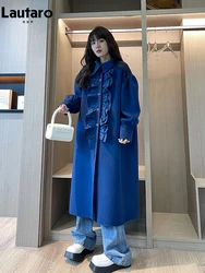 Lautaro-Ruffled Woolen Coat for Women, Long Loose Coat, Stylish Blue and Black, Elegant and Luxury Designer Clothes, Winter