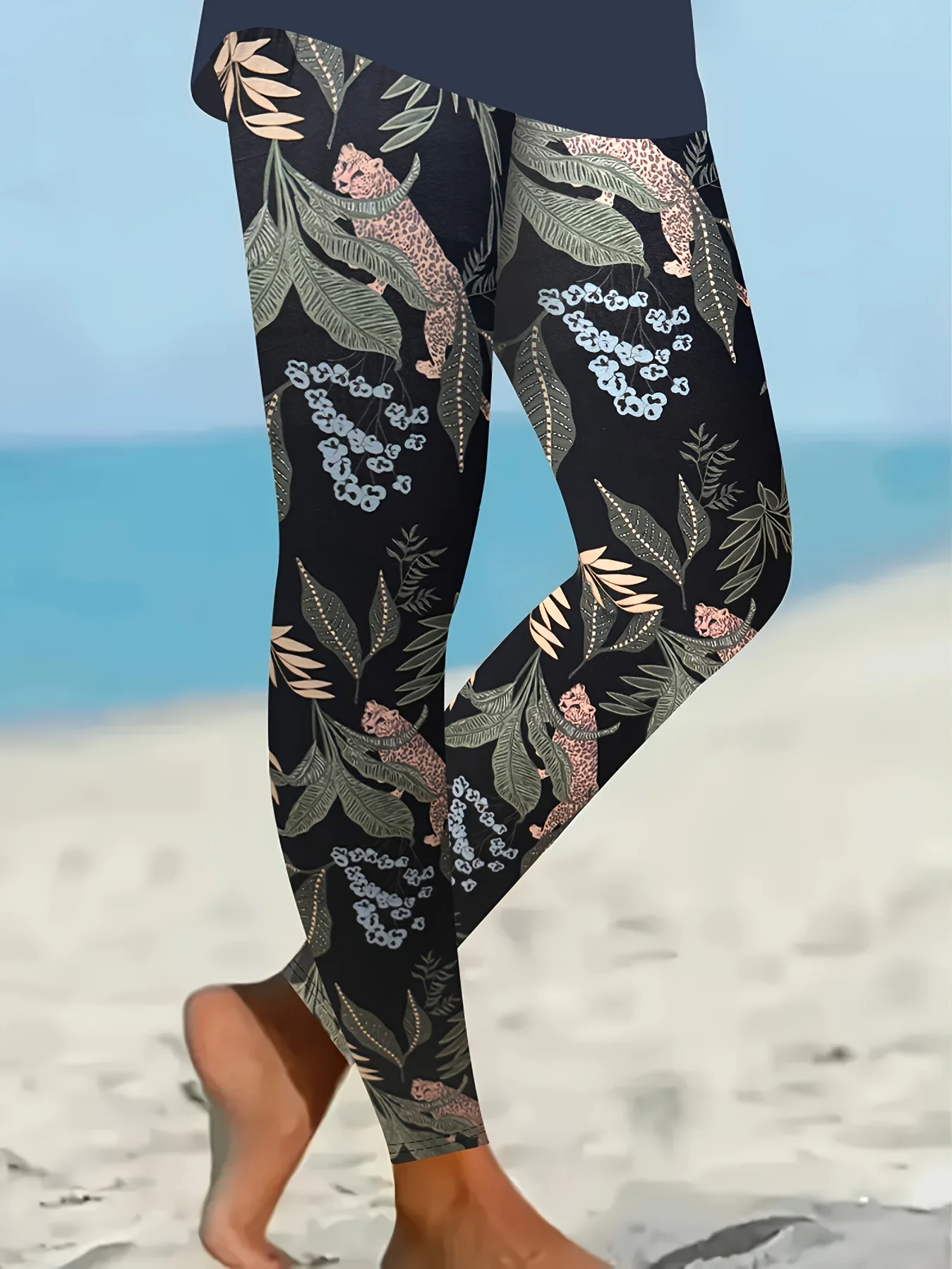 Women Mid‑Rise Fleece Lined Leggings Tropical Leaf Butterfly Print Soft Stretch Slim Warm Ladies Casual Pants