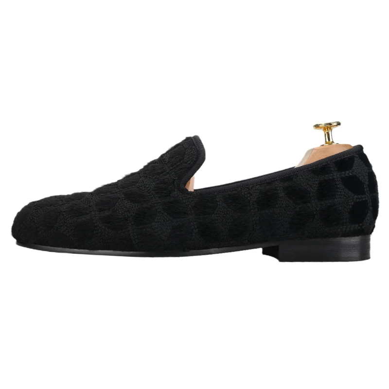 Piergitar Italian Dandy Style Solid Geometry Black Cotton Slip-On Loafers Handmade Men's Smoking Slippers For Fashion Gala Wear
