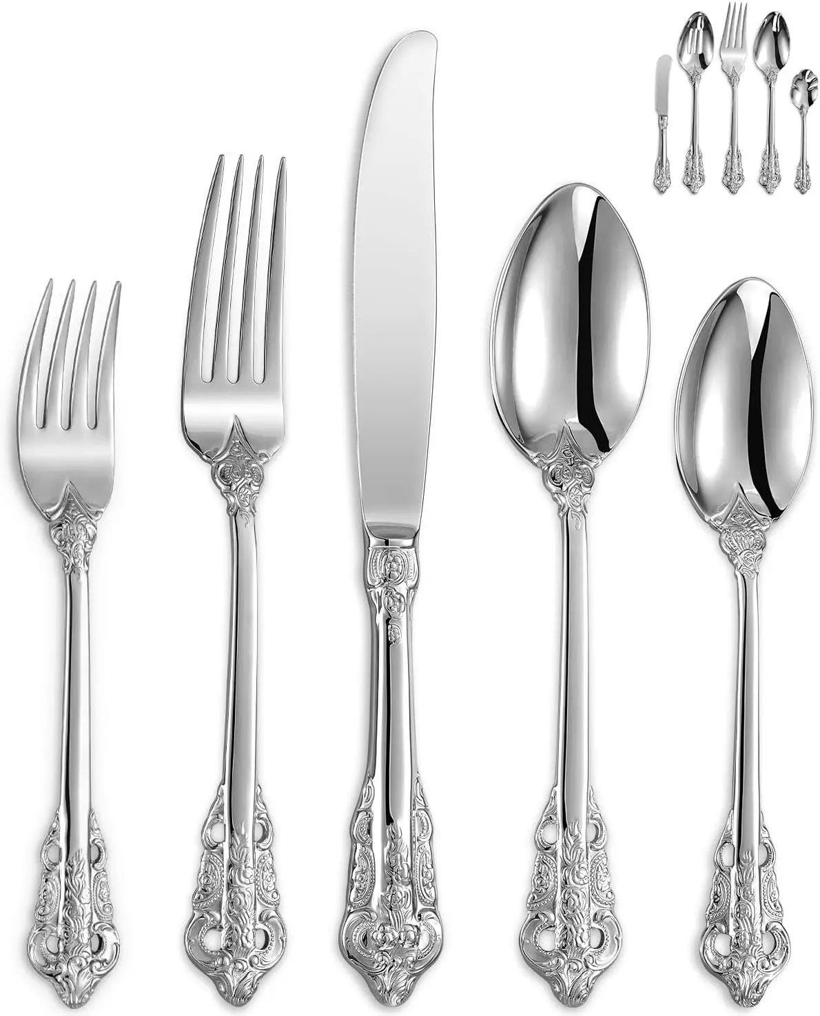 

45-Piece Stainless Steel Silverware Set, Service for 8, Mirror Finish Antique Baroque Design, Dishwasher Safe