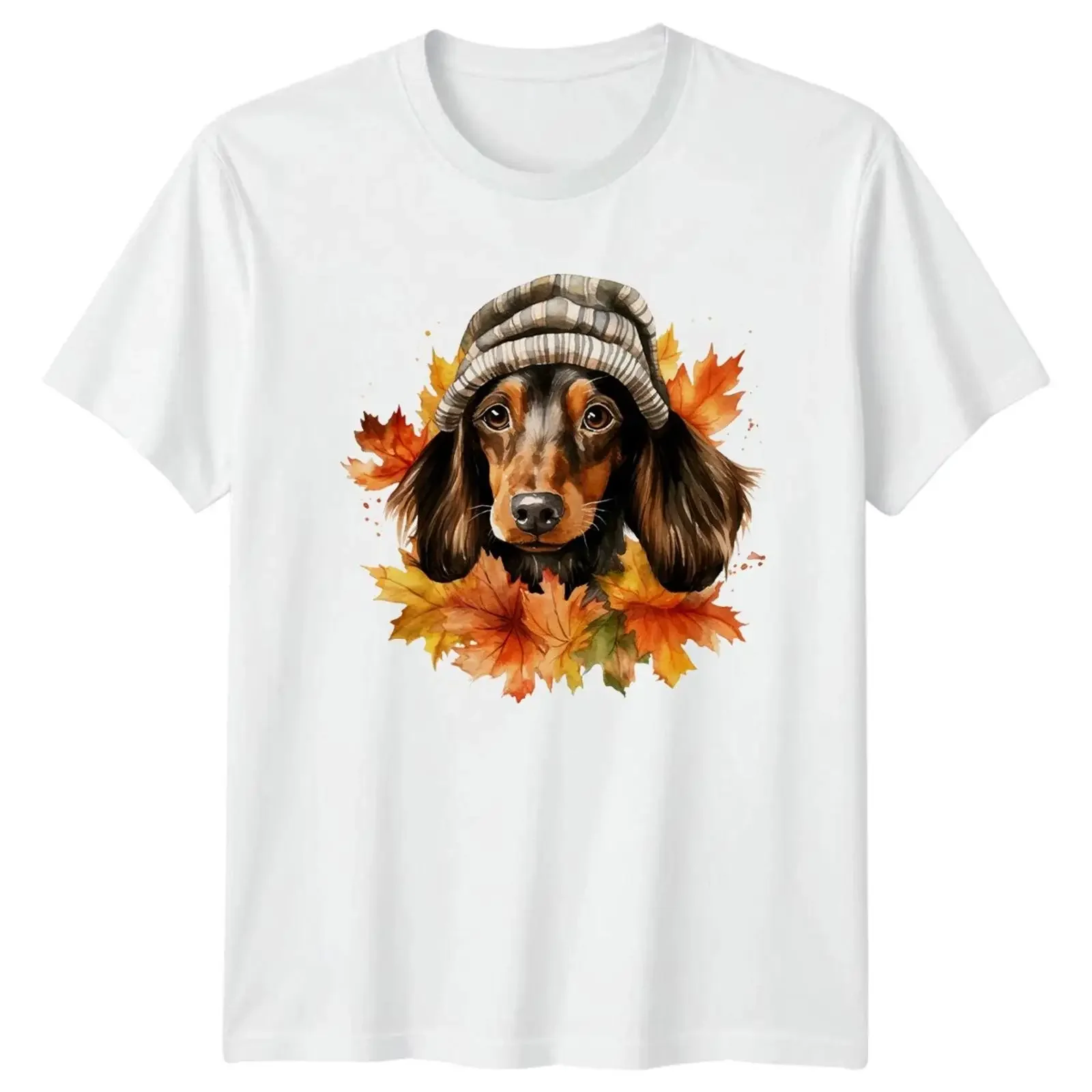 Aquarell Dackel Hund Herbst Blätter T-Shirt Wiener Haustiere Weihnachten Vintage Washed Stilvolle Mode Lässig Weich Unisex