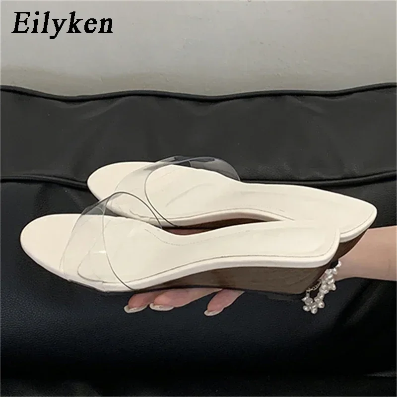Eilyken 2027 New Summer PVC Transparent Wedges Open Toe Women Slippers Low Heels Banquet Dress Beach Female Shoes