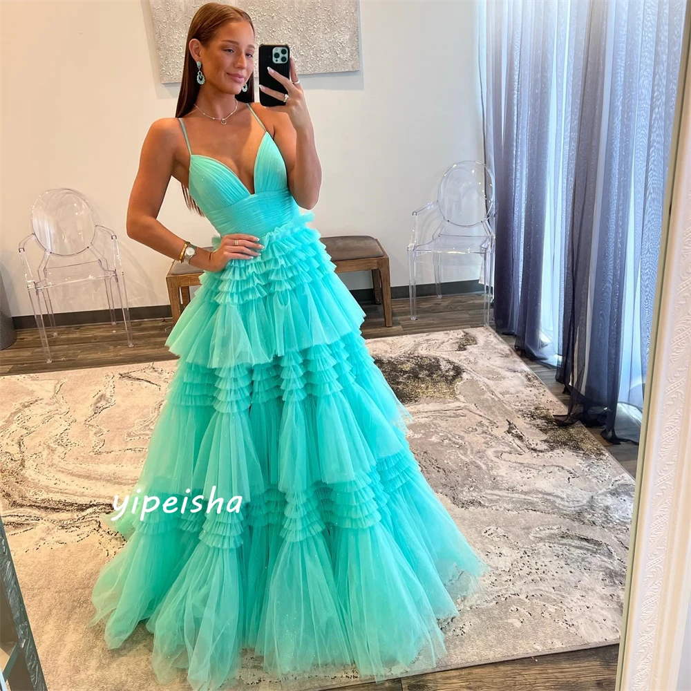 Abito da ballo semplice personalizzato, sexy, casual, con cinturino per spaghetti, abito Quinceanera, gonne lunghe fino al pavimento a strati, sera in organza