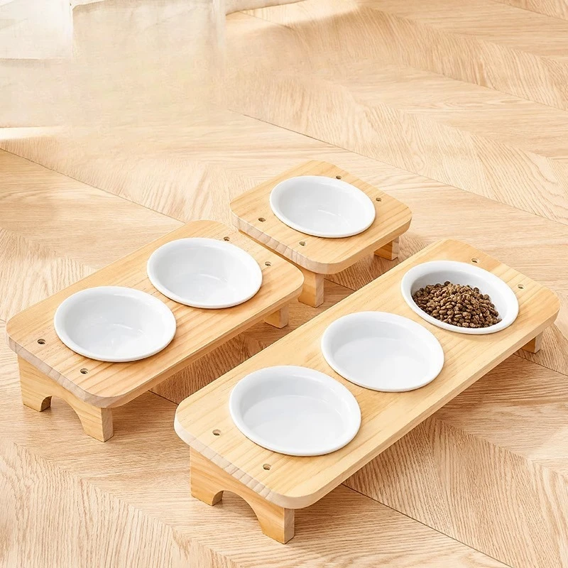 

Ceramic Triple Pet Bowl Solid Wood Stand Multi Cat Anti Spill Neck Protection Food Water Dish Feeding Set for Dogs Cats