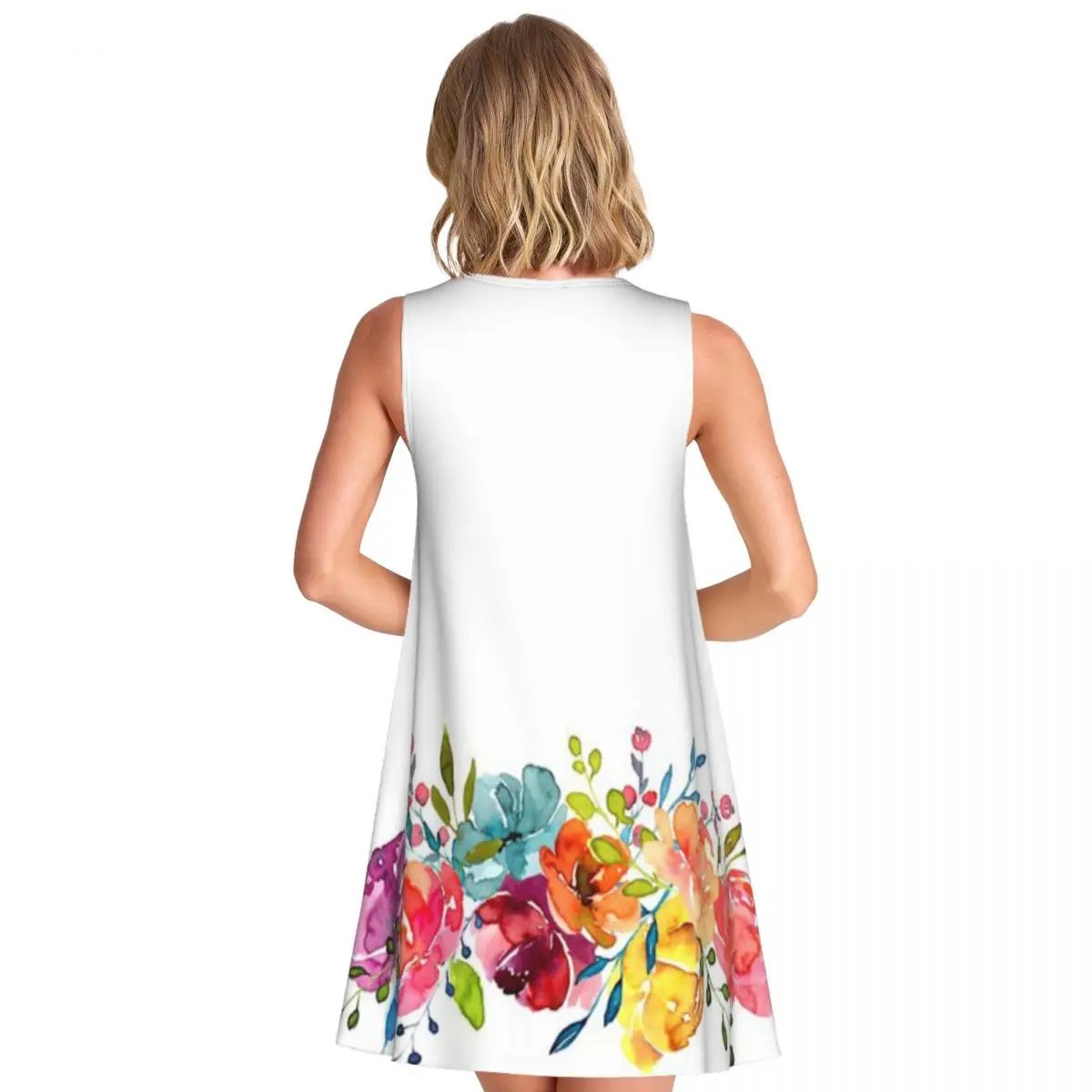 Bright Flowers Summer Watercolor Peonies Women's Sleeveless Evening Breeze Walk Short Sleeve Dress Pastoral Outing Dress