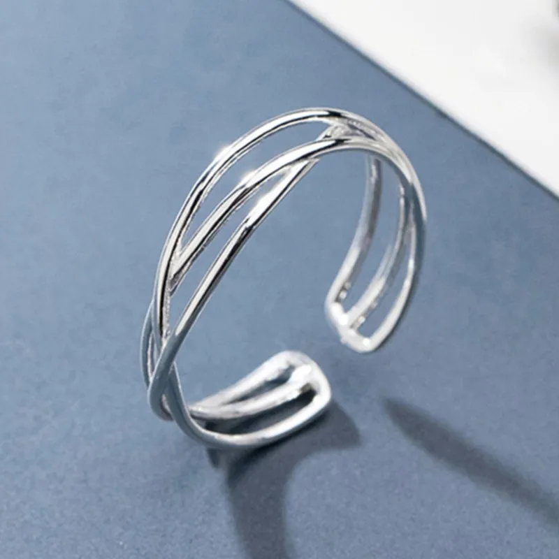 925 Sterling Silver Line Cross Multi-Layer Winding Open Ring Women Girl Simple Creative Jewelry Gift
