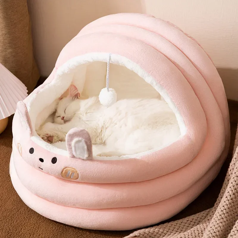 Comfortable Cat House Made Cradle Warm Cat Bed of Cotton with Interactive Toys and Non-slip Bottom and Sense of Security for Pet