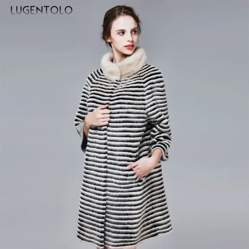 Women Faux Mink Fur Elegant Coat Stripe Stand Collar Autumn Winter Lady Loose New Fahsion 2024 Simple Street Cloth