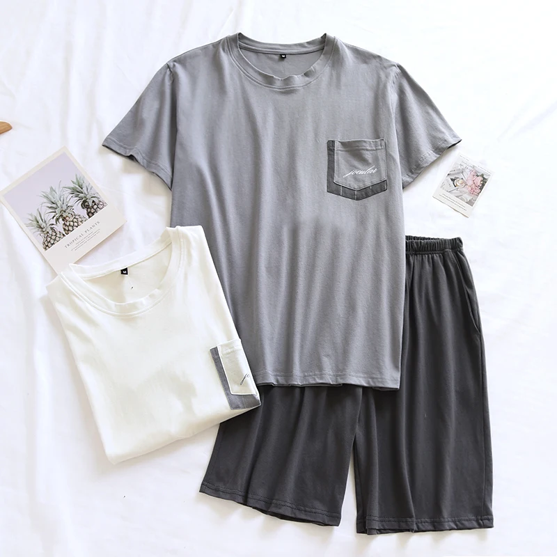 

Summer Sleepwear Suit Casual Loungewear Knitted Cotton Homewear Short Sleeved Men's Pajamas Sets New Pyjamas Thin Section Pijama