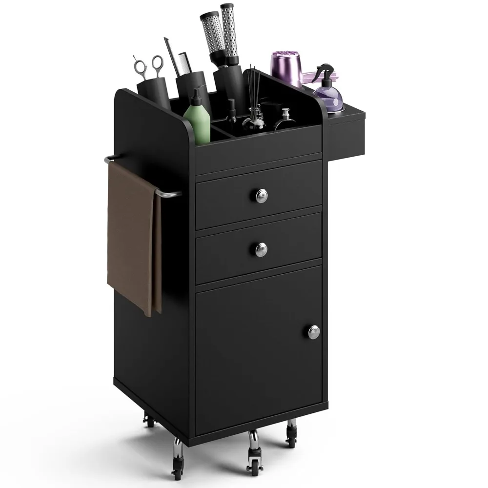 

Salon storage trolley cart with 5 wheels, dual-access rolling barber station with hair dryer holders, towel rack