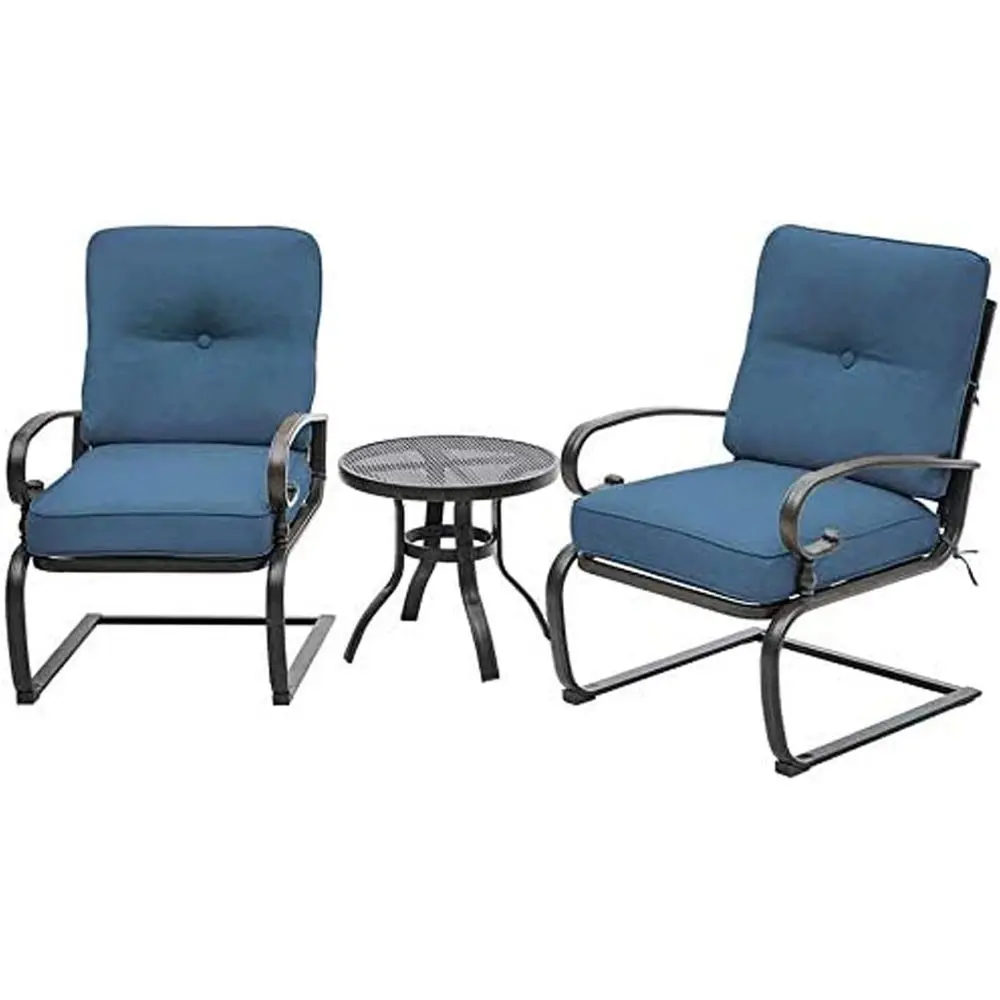 

Patio Bistro Set with Metal Chairs and Round Table, Peacock Blue Cushioned Wrought Iron Furniture