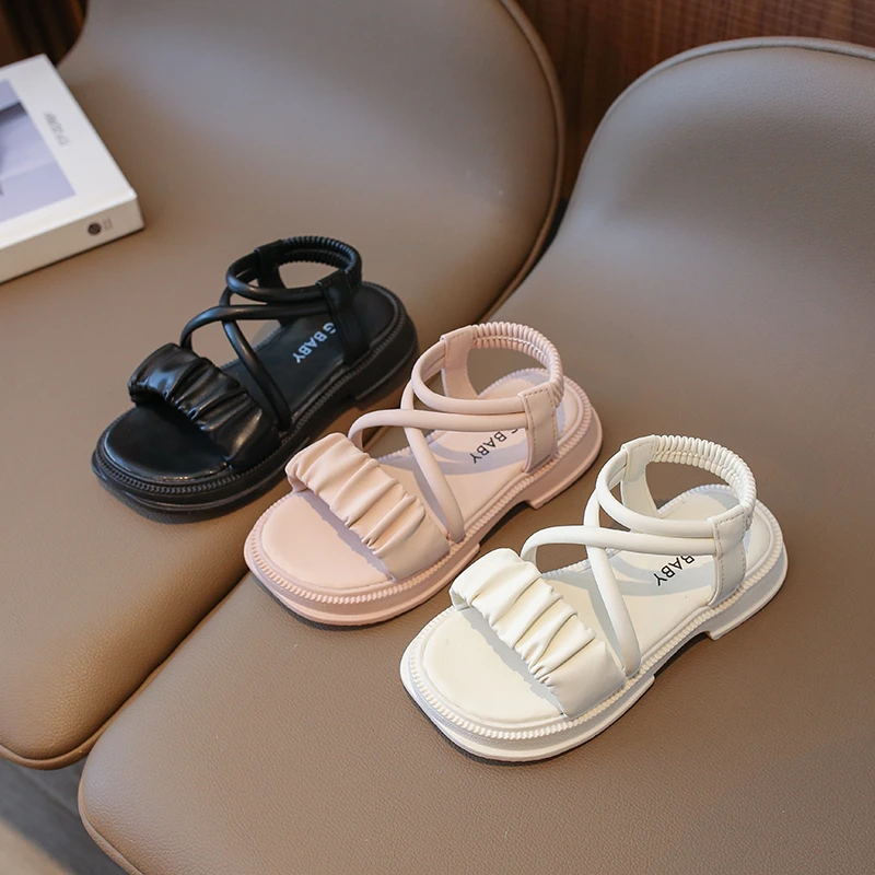 Girls Pleated Sandals Open Toe Children Roman Sandals Non Slip Soft Sole Kids Summer Princess Beach Shoes Size 26-35