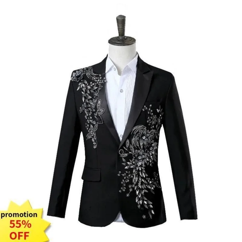 

Повседневный мужской костюм с вышивкой, модный мужской пиджак для отдыха, утепленный, с широкими двойными разрезами, весенний, с отложным воротником