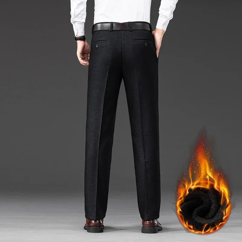 Winter Warm and Thickened Men\'s Business Casual Pants Classic Style Loose Straight Black Fleece Trousers Male Brand