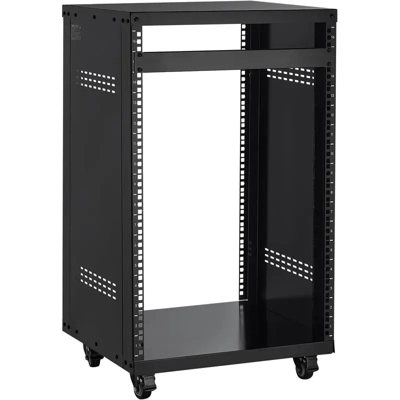 16U AV Rack Recording Studio Rack Cabinet Open Frame Server Rack with Locking Caster Wheels Removable Side Panels Vent Design